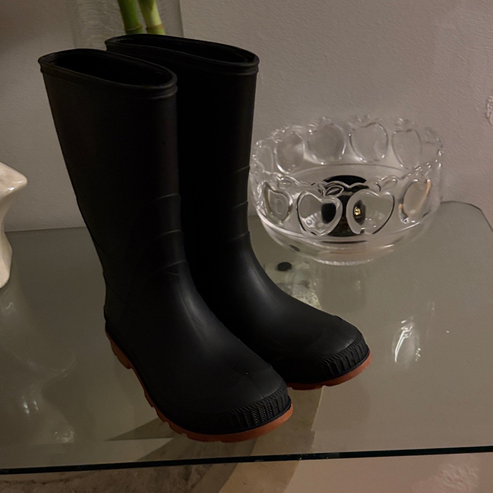 Black Rubber Boots with Brown Soles